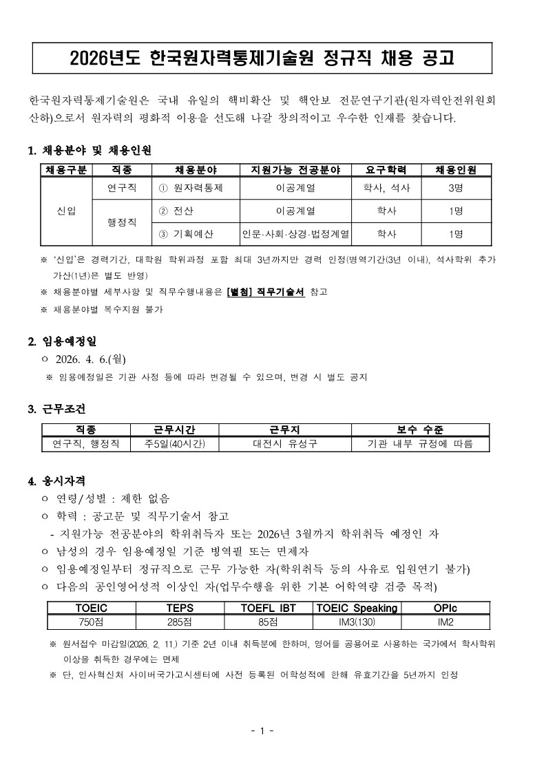 '2026년도 한국원자력통제기술원 정규직 채용 공고'의 첫 페이지입니다. 상단에는 기관 소개와 함께 채용 분야 및 인원(연구직 원자력통제 3명, 행정직 전산 1명, 기획예산 1명)이 표로 정리되어 있습니다. 중앙에는 임용예정일(2026. 4. 6.)과 근무조건(대전시 유성구, 주 5일) 정보가 있으며, 하단에는 응시자격으로 학력, 병역, 공인영어성적 기준(TOEIC 750점 이상 등)이 상세히 나열되어 있습니다. 상세 내용은 다음과 같습니다.  2026년도 한국원자력통제기술원 정규직 채용 공고 한국원자력통제기술원은 국내 유일의 핵비확산 및 핵안보 전문연구기관(원자력안전위원회 산하)으로서 원자력의 평화적 이용을 선도해 나갈 창의적이고 우수한 인재를 찾습니다. 1. 채용분야 및 채용인원 이번 채용은 모두 신입(정규직)으로 선발하며 분야별 상세 내용은 다음과 같습니다. &bull; 연구직 (원자력통제 분야): 이공계열 학사 또는 석사 학위 소지자를 대상으로 하며, 총 3명을 채용합니다. &bull; 행정직 (전산 분야): 이공계열 학사 학위 소지자를 대상으로 하며, 총 1명을 채용합니다. &bull; 행정직 (기획예산 분야): 인문&middot;사회&middot;상경&middot;법정계열 학사 학위 소지자를 대상으로 하며, 총 1명을 채용합니다. ※ '신입'은 경력기간, 대학원 학위과정 포함 최대 3년까지만 경력 인정(병역기간(3년 이내), 석사학위 추가 가산(1년)은 별도 반영)※ 채용분야별 세부사항 및 직무수행내용은 [별첨] 직무기술서참고※ 채용분야별 복수지원 불가 2. 임용예정일 2026. 4. 6(월) &bull; ※ 임용예정일은 기관 사정 등에 따라 변경될 수 있으며, 변경 시 별도 공지 3. 근무조건 &bull; 직종: 연구직, 행정직 공통 &bull; 근무시간: 주 5일(40시간) &bull; 근무지: 대전시 유성구 &bull; 보수 수준: 기관 내부 규정에 따름 4. 응시자격 &bull; 연령/성별: 제한 없음 &bull; 학력: 공고문 및 직무기술서 참고 &bull; 지원가능 전공분야의 학위취득자 또는 2026년 3월까지 학위취득 예정인 자 남성의 경우 임용예정일 기준 병역필 또는 면제자 임용예정일부터 정규직으로 근무 가능한 자(학위취득 등의 사유로 입원연기 불가) 다음의 공인영어성적 이상인 자(업무수행을 위한 기본 어학역량 검증 목적) &bull; TOEIC: 750점 이상 &bull; TEPS: 285점 이상 &bull; TOEFL IBT: 85점 이상 &bull; TOEIC Speaking: IM3(130) 이상 &bull; OPIc: IM2 이상 ※ 원서접수 마감일(2026. 2. 11.) 기준 2년 이내 취득분에 한하며, 영어를 공용어로 사용하는 국가에서 학사학위 이상을 취득한 경우에는 면제※ 단, 인사혁신처 사이버국가고시센터에 사전 등록된 어학성적에 한해 유효기간을 5년까지 인정